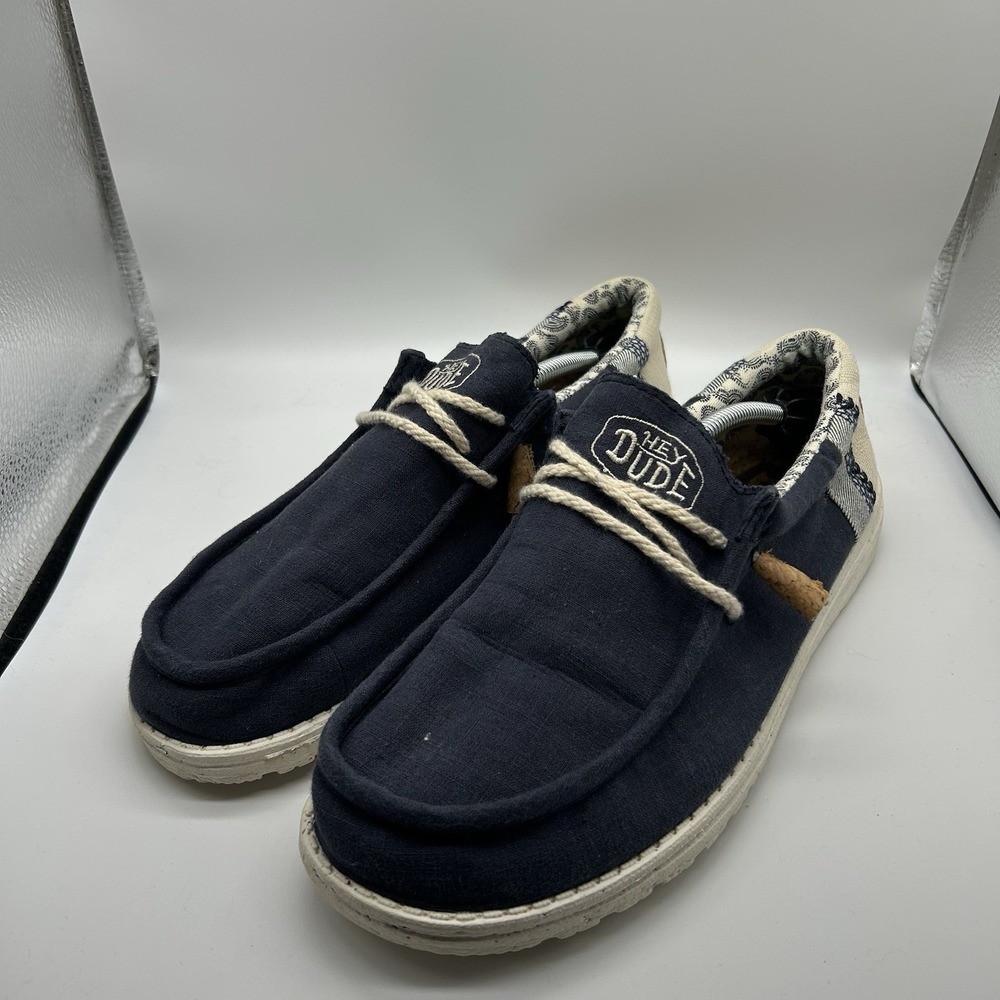 Hey Dude Wally Linen Mens 9 Loafer Shoes Slip On Loafers Natural Navy Blue